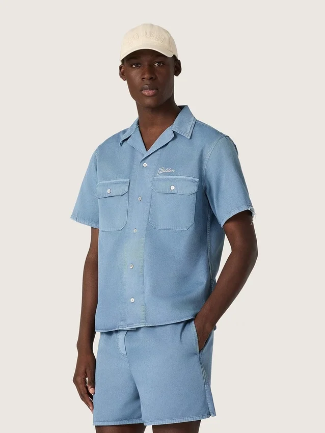 Cămașă unisex din denim albastru deschis, cu broderie pe spate