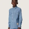 Cămașă unisex Journey din bumbac chambray albastru deschis, cu tiv cu franjuri și aplică brodată