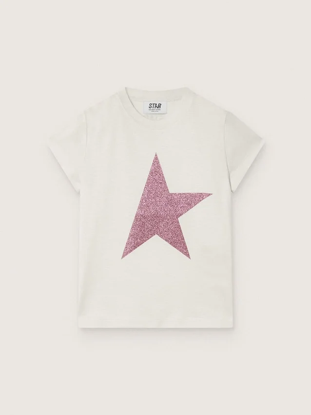 Cămășile pentru fete „Star” din jersey de bumbac alb cu stea roz strălucitoare