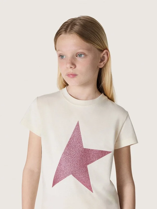 Cămășile pentru fete „Star” din jersey de bumbac alb cu stea roz strălucitoare