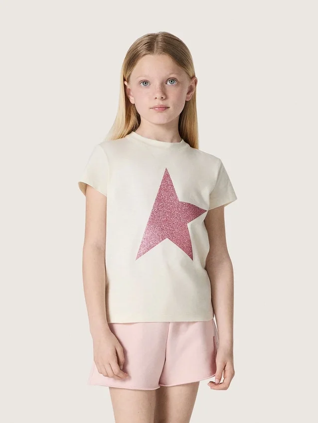 Cămășile pentru fete „Star” din jersey de bumbac alb cu stea roz strălucitoare