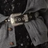 Curea din dantelă din piele spălată de culoare bej, cu ținte și incrustări