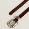Curea din piele maro închisă pentru femei, cu cataramă decorată argintie