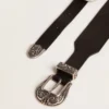Curea neagră din piele spălată, cu cataramă dublă de culoare argintie