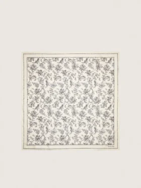 Eșarfă vintage din mătase albă cu motiv floral negru