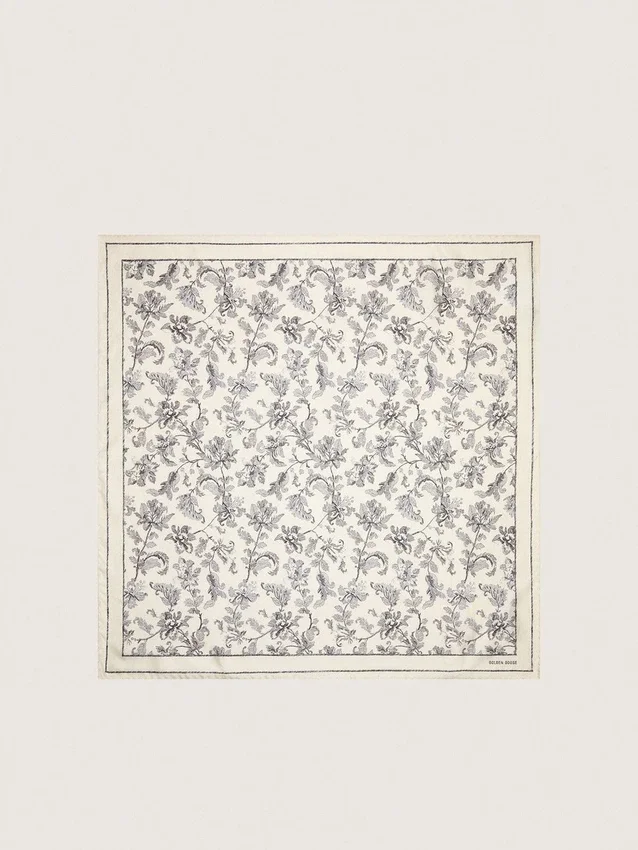 Eșarfă vintage din mătase albă cu motiv floral negru