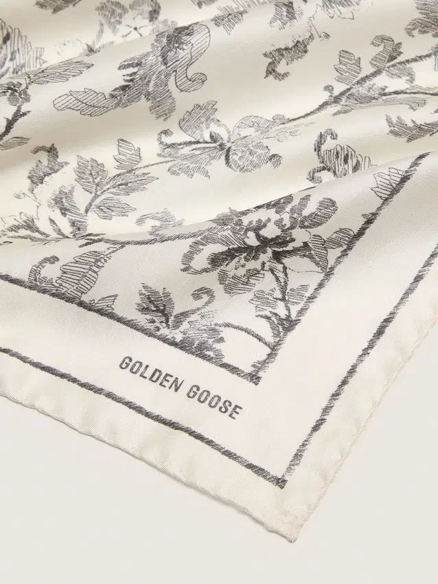 Eșarfă vintage din mătase albă cu motiv floral negru