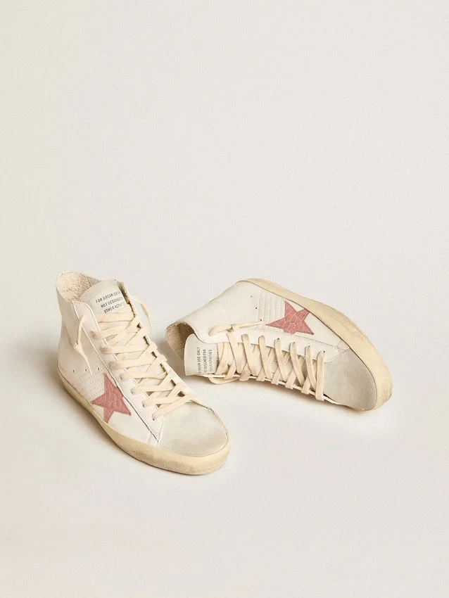 Francy din piele nappa crem cu stea din piele cu imprimeu de crocodil roz