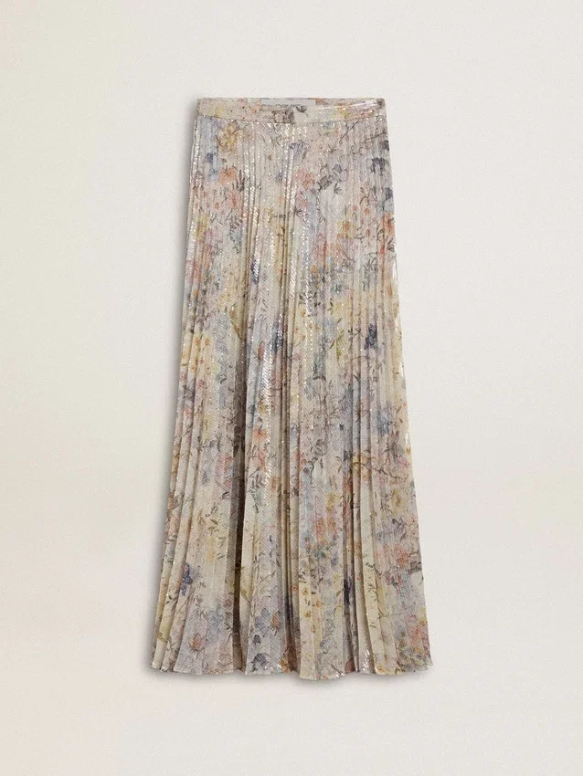 Fustă lungă plisată pentru femei, cu imprimeu floral multicolor cu paiete