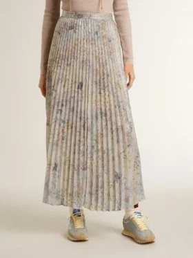 Fustă lungă plisată pentru femei, cu imprimeu floral multicolor cu paiete