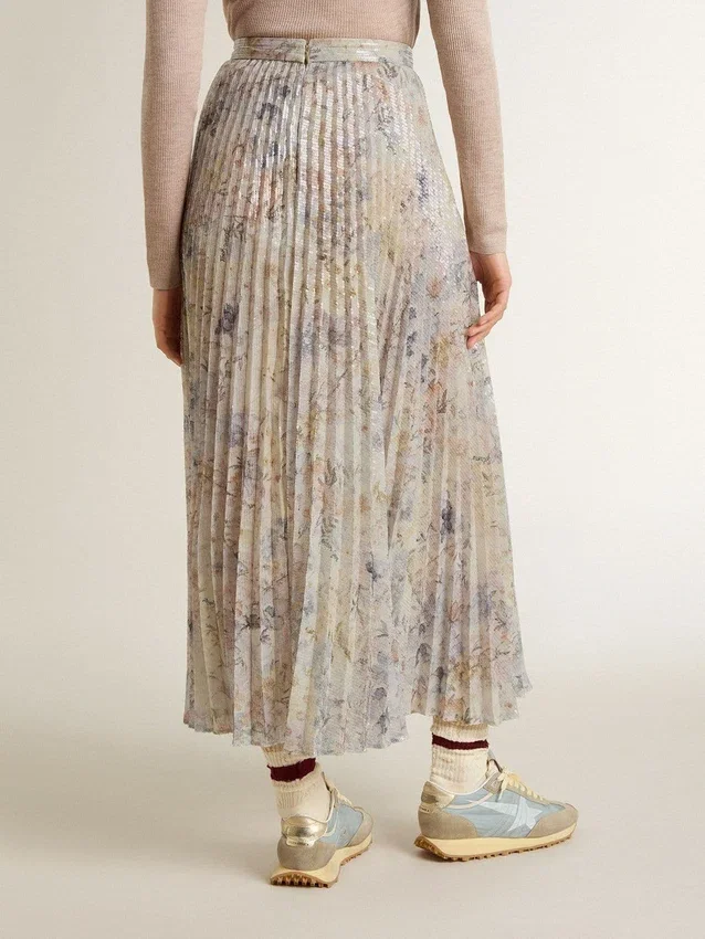 Fustă lungă plisată pentru femei, cu imprimeu floral multicolor cu paiete