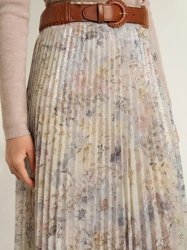 Fustă lungă plisată pentru femei, cu imprimeu floral multicolor cu paiete