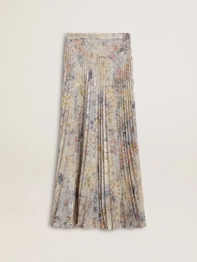 Fustă lungă plisată pentru femei, cu imprimeu floral multicolor cu paiete