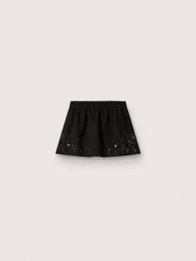 Fustă mini pentru femei din sargă de bumbac neagră cu broderie florală din paiete