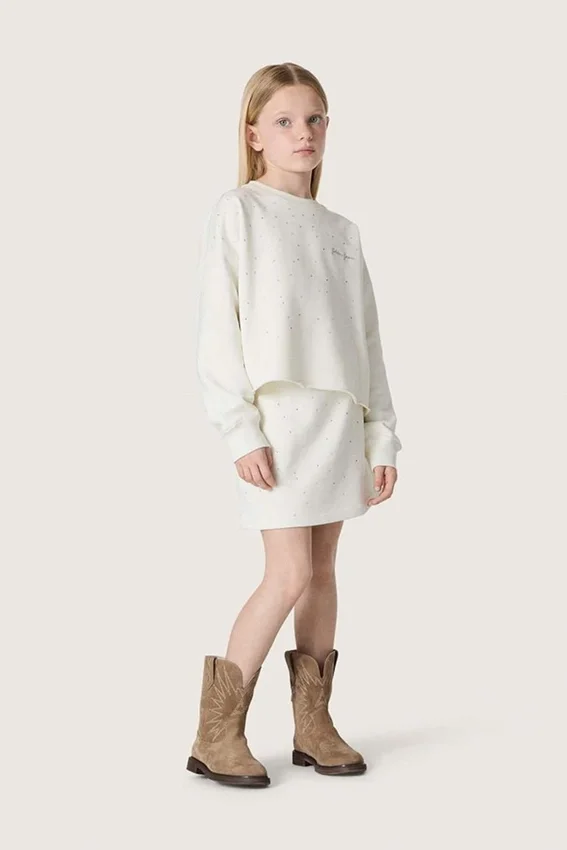 Fustă mini pentru fete „Journey” din fleece de bumbac alb, cu cristale și broderii
