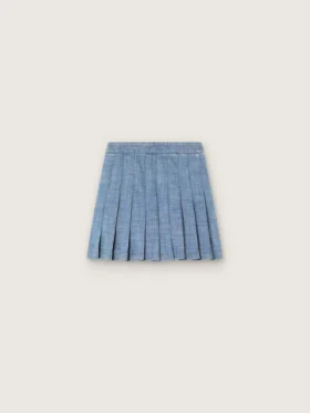 Fustă mini plisată pentru fete „Journey”, din bumbac chambray albastru deschis, cu logo brodat