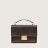 Geanta Venezia din piele maro închisă cu efect de relief, în stil vintage, cu detalii aurii