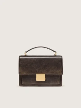 Geanta Venezia din piele maro închisă cu efect de relief, în stil vintage, cu detalii aurii