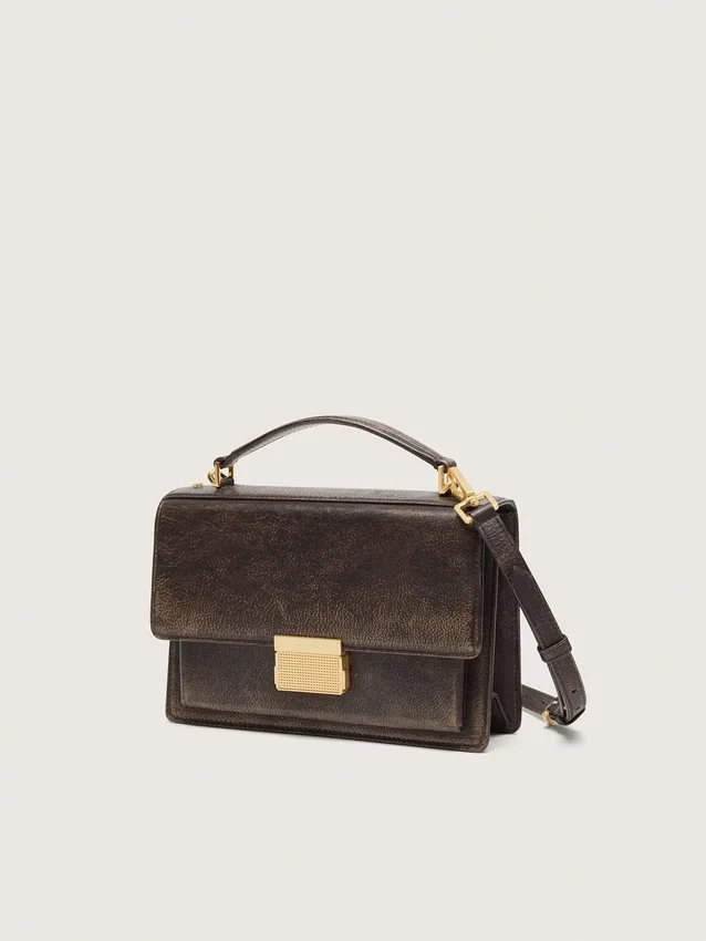 Geanta Venezia din piele maro închisă cu efect de relief, în stil vintage, cu detalii aurii