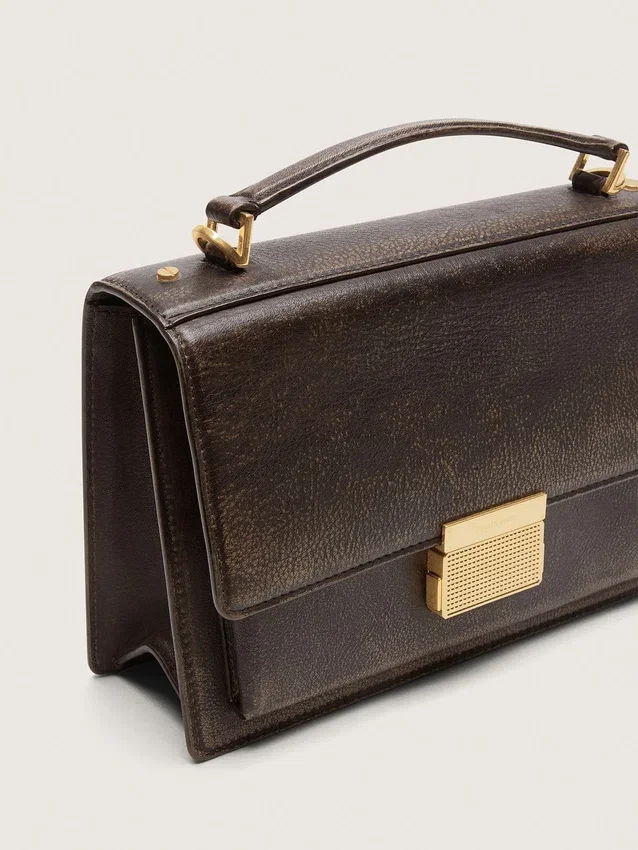 Geanta Venezia din piele maro închisă cu efect de relief, în stil vintage, cu detalii aurii