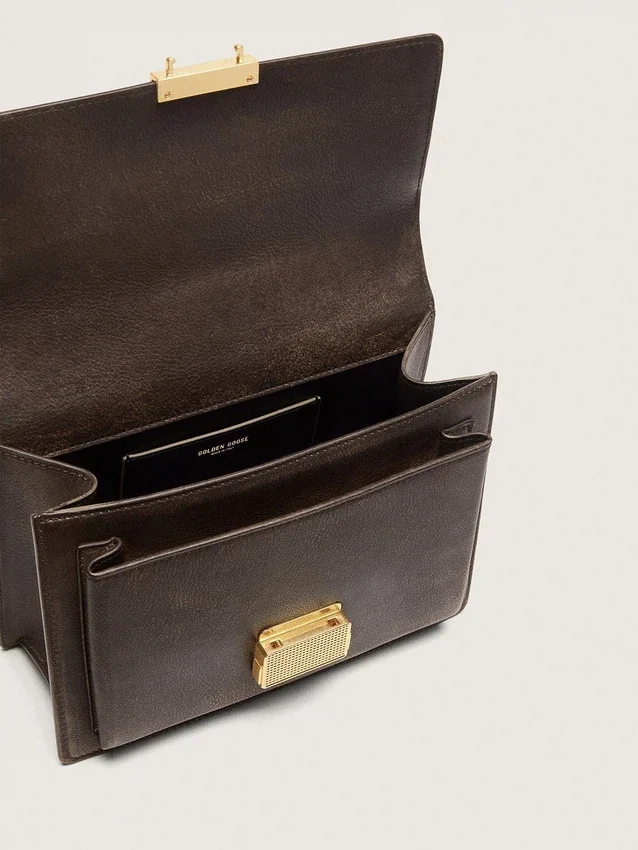 Geanta Venezia din piele maro închisă cu efect de relief, în stil vintage, cu detalii aurii