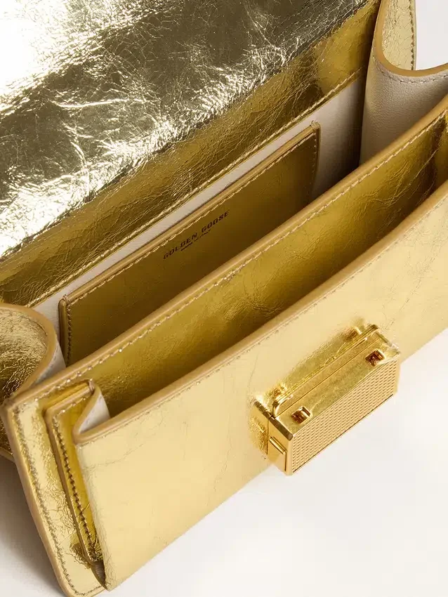Geanta Venezia mică din piele metalizată aurie cu detalii aurii