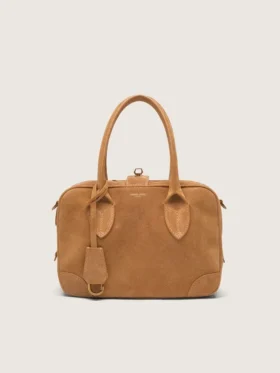 Geanta Vita din piele de căprioară de culoare camel cu detalii aurii
