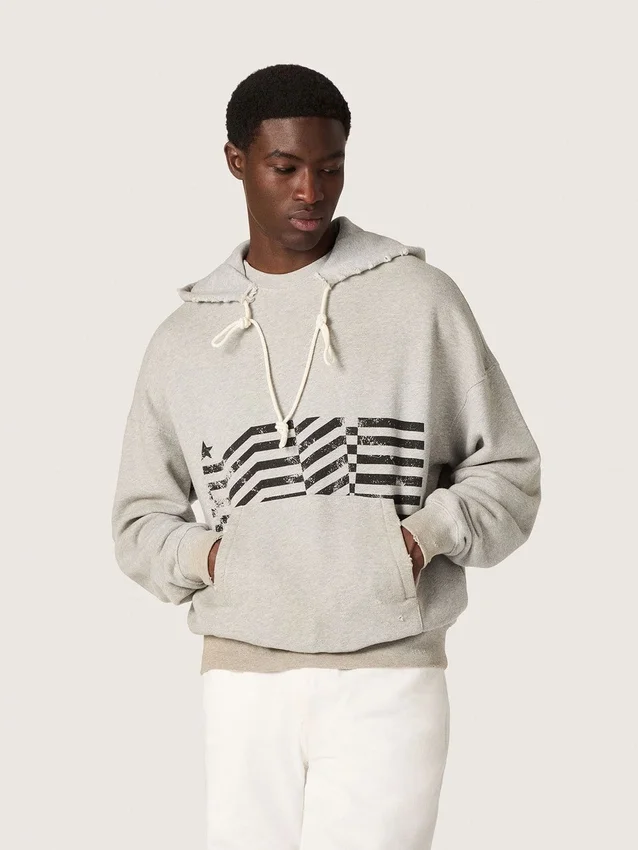 Hanorac unisex cu glugă din bumbac gri, cu imprimeu vintage cu steaguri