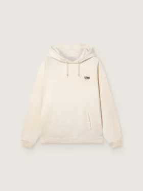 Hanorac unisex cu glugă „Star”, din bumbac alb, cu imprimeu cu logo