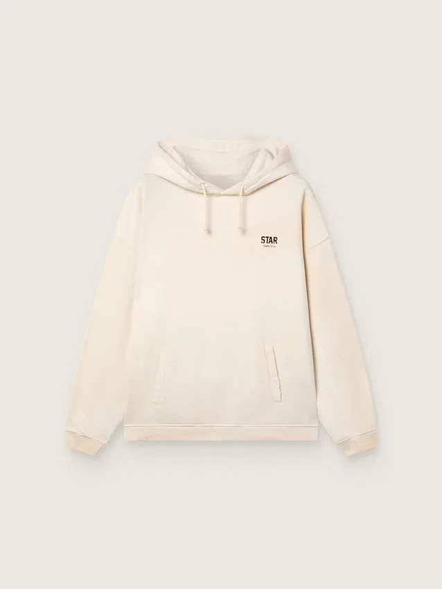 Hanorac unisex cu glugă „Star”, din bumbac alb, cu imprimeu cu logo