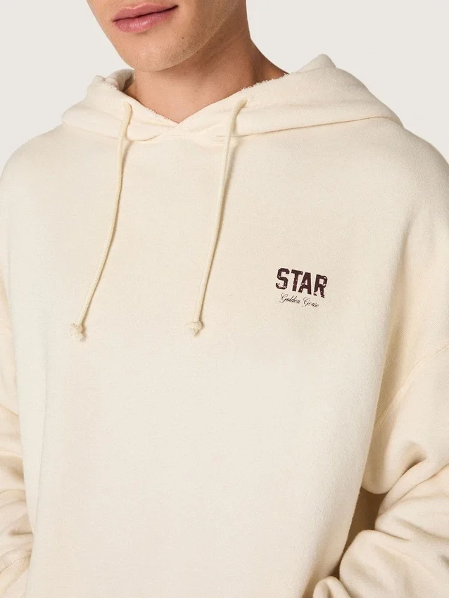 Hanorac unisex cu glugă „Star”, din bumbac alb, cu imprimeu cu logo