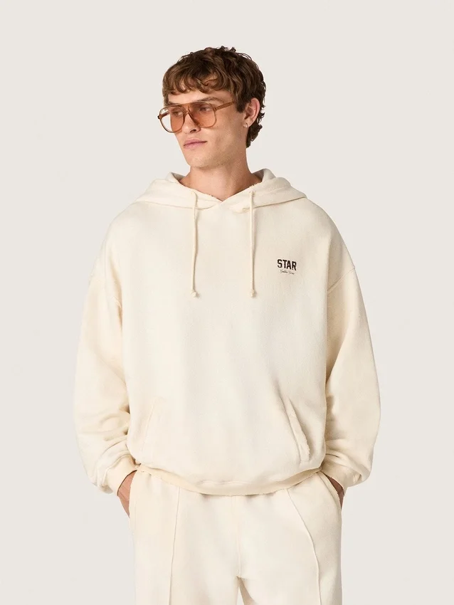 Hanorac unisex cu glugă „Star”, din bumbac alb, cu imprimeu cu logo