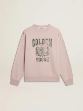 Hanorac unisex cu guler rotund, de culoare roz vechi, cu imprimeu verde al logo-ului
