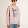 Hanorac unisex cu guler rotund, de culoare roz vechi, cu imprimeu verde al logo-ului