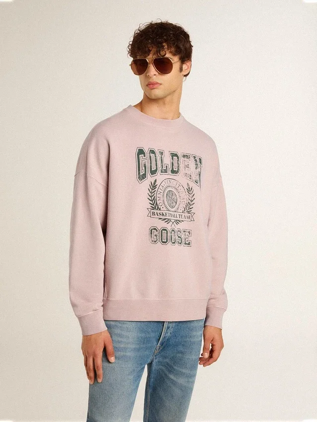 Hanorac unisex cu guler rotund, de culoare roz vechi, cu imprimeu verde al logo-ului