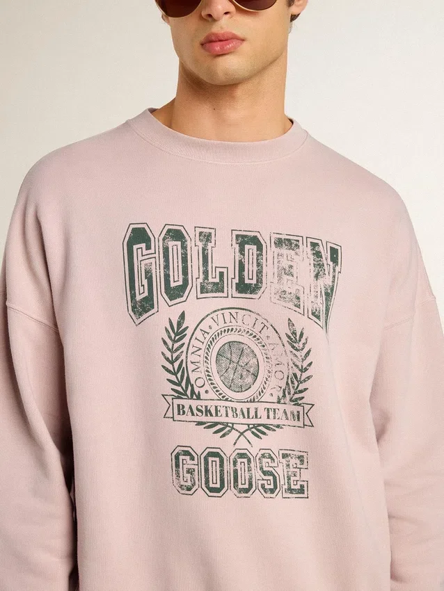 Hanorac unisex cu guler rotund, de culoare roz vechi, cu imprimeu verde al logo-ului