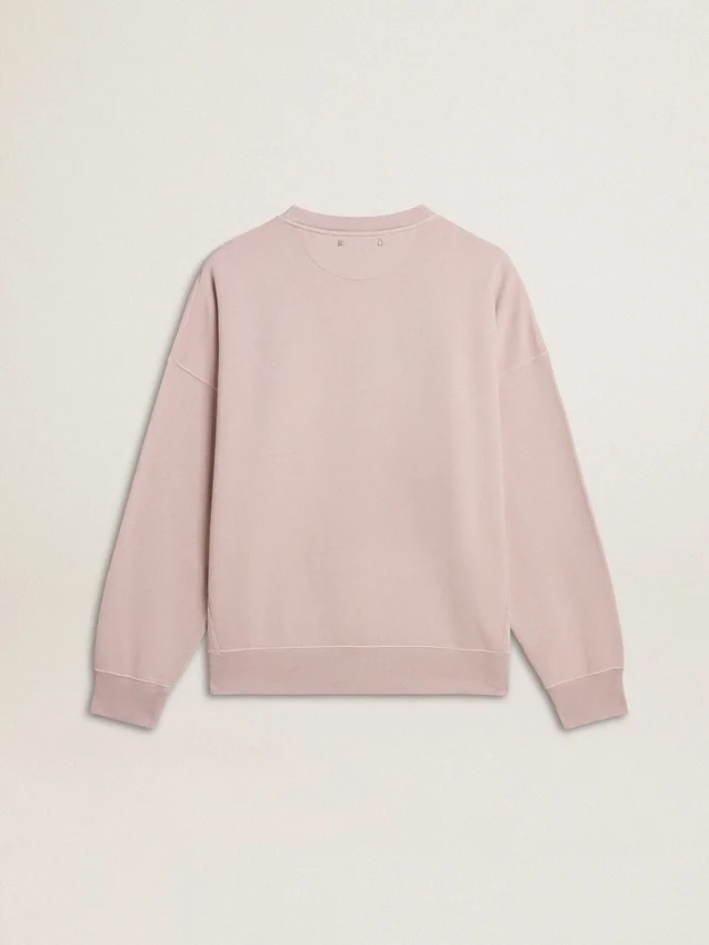 Hanorac unisex cu guler rotund, de culoare roz vechi, cu imprimeu verde al logo-ului