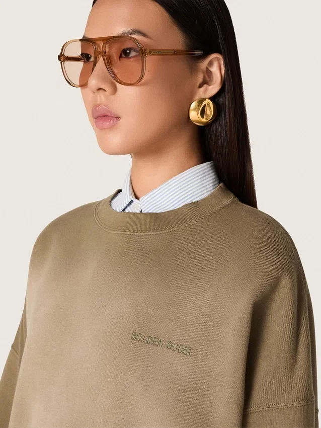 Hanorac unisex din bumbac de culoare verde militar cu aspect decolorat, cu logo brodat