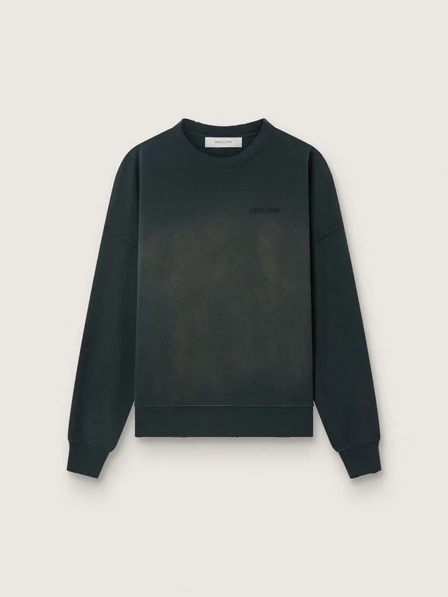 Hanorac unisex din bumbac negru cu aspect uzat, cu logo brodat