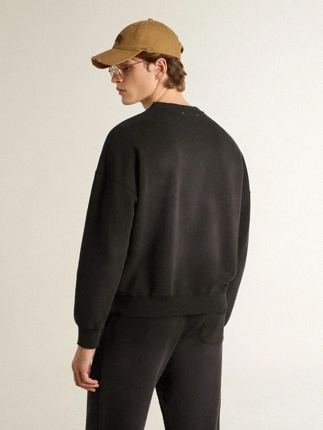 Hanorac unisex din bumbac negru cu aspect uzat, cu logo brodat