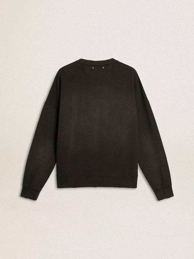 Hanorac unisex din bumbac negru cu aspect uzat, cu logo brodat