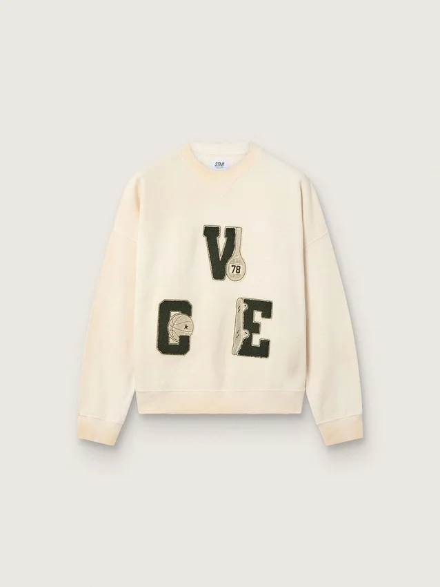 Hanorac unisex din bumbac „Star” în alb vintage, cu patch-uri brodate VCE
