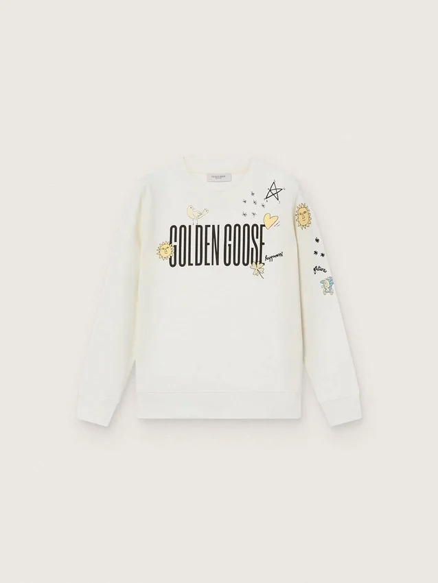 Hanorac unisex Journey din amestec de bumbac alb cu imprimeu doodle