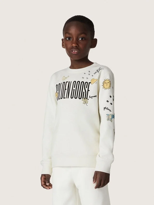 Hanorac unisex Journey din amestec de bumbac alb cu imprimeu doodle