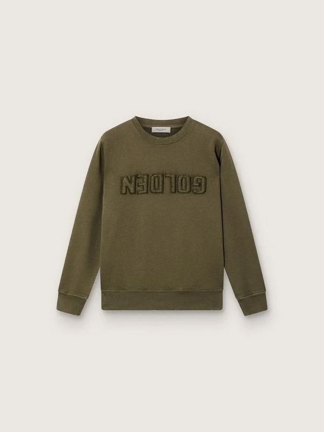 Hanorace unisex auriu din bumbac verde militar cu logo inversat