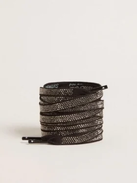 Șireturi din bumbac negru cu cristale Swarovski argintii și logo alb