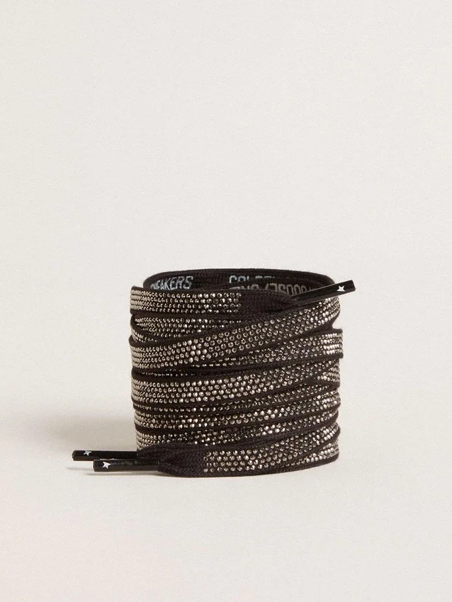 Șireturi din bumbac negru cu cristale Swarovski argintii și logo alb
