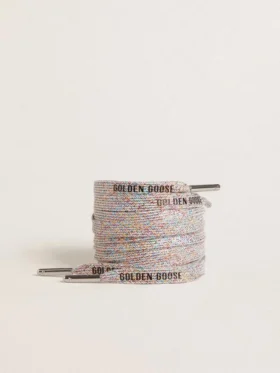 Șireturi multicolore din lurex cu logo negru contrastant
