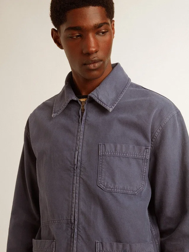 Jachetă albastră pentru bărbați din bumbac denim cu finisaj uzat