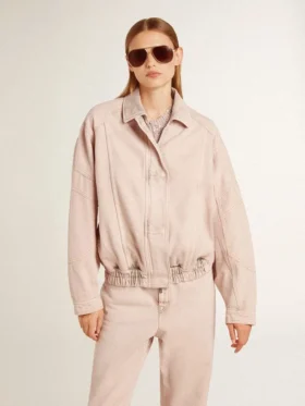 Jachetă bomber din denim vopsită în roz pentru femei